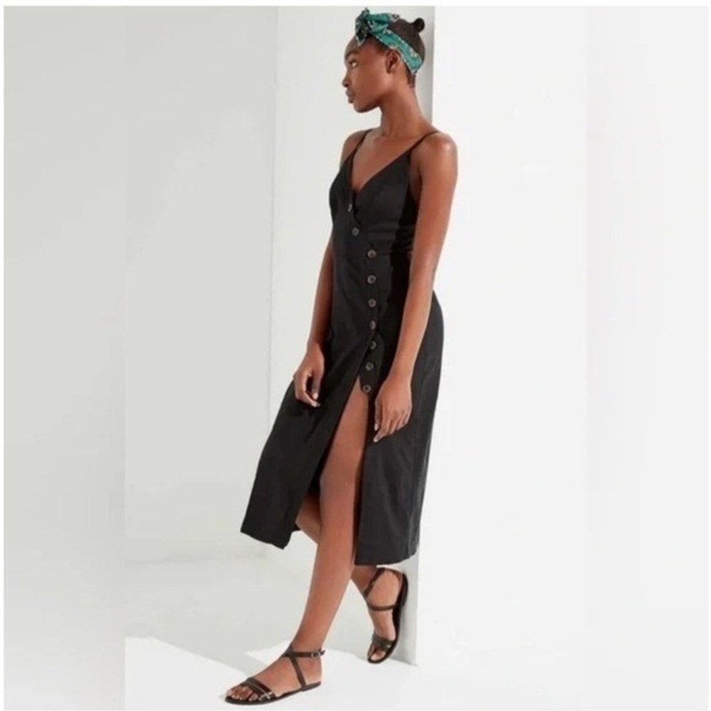Black Linen Midi Dress Womens M Button Front Asymmetric Slit Smocked Boho Beachy